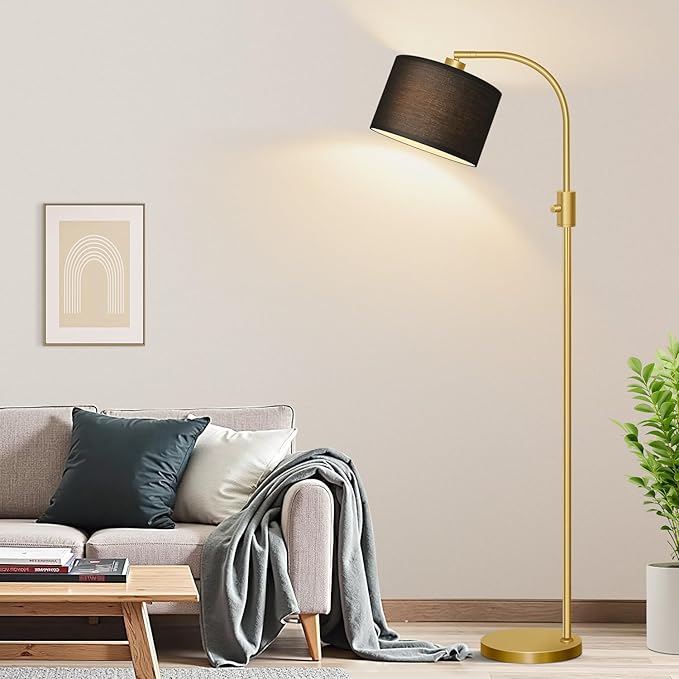 【Upgraded】 Dimmable Gold Floor Lamp, 1200 Lumens LED Bulb Included, Arc Floor Lamps for Living Room Modern Standing Lamp with Black Shade, Tall Lamp for Living Room Bedroom Office Reading Room Nursery