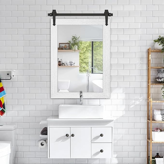 Farmhouse Bathroom Mirror for Over Sink 22”*32”, Barn Door Mirror, Rustic Wall Mirror for Bathroom White, Living Room, Entryway