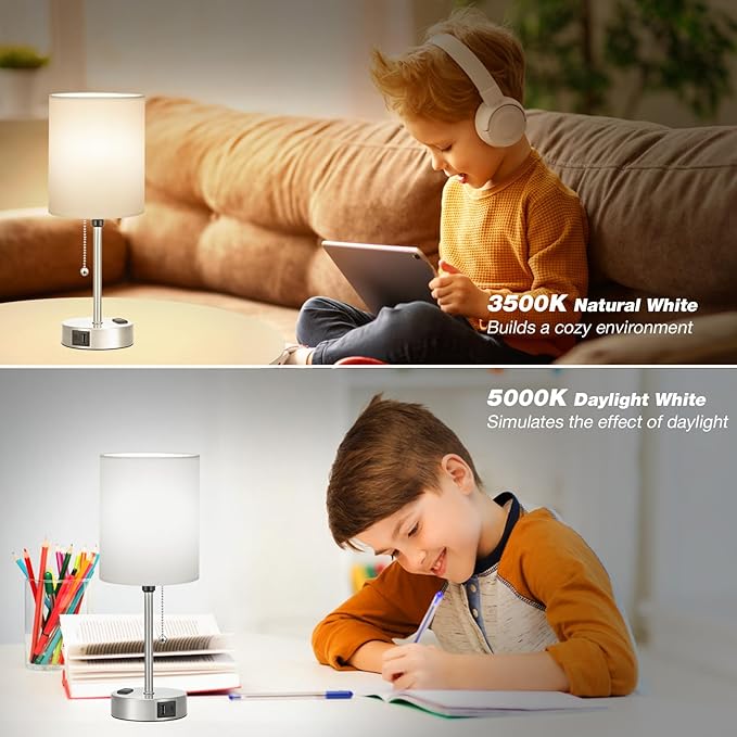 Dicoool White Bedside Lamp for Bedroom - 3 Color Temperatures Desk Lamp with USB C and A Ports, Pull Chain Table Lamp with AC Outlet, Nightstand Lamp with Silver Metal Base for Kids Girls