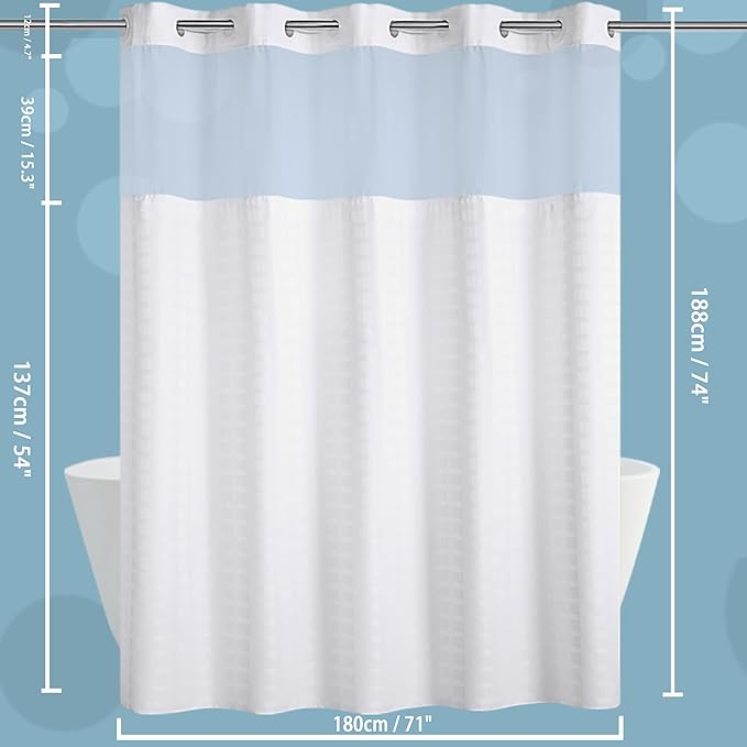 Conbo Mio No Hook Shower Curtain with Snap in Liner Set, Hotel Luxury White Fabric Shower Curtains for Bathroom with See Through Top Window, Washable, Waterproof 71W x 74H