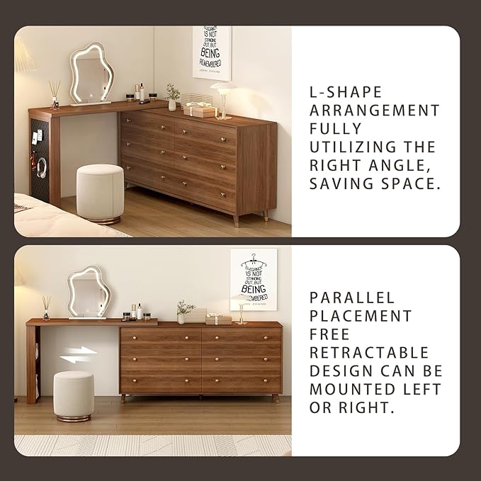 Makeup Vanity Desk Set with Cloud-Pattern HD Lighted Mirror and Stool, 60-100in Extendable Modern Vanity Table, 6-Drawer Solid Wood Frame Storage Cabinet Brown