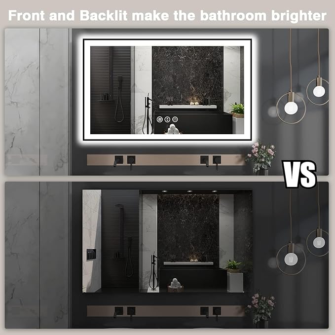 60x36 LED Mirror for Bathroom - Black Aluminum Framed (Front and Backlit),Anti-Fog Bathroom Mirror with Lights, Stepless Dimmable Lighted Mirror,3 Colors Smart Mirror(Horizontal/Vertical)