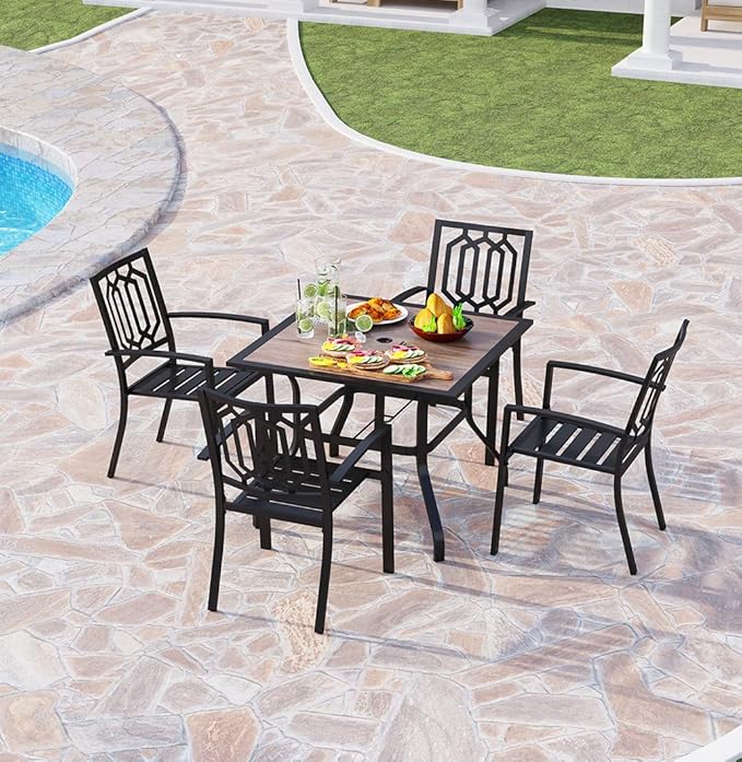 PHI VILLA Patio Wood-Like 37 inch Square Dining Table and Bistro Chairs Furniture Set of 5