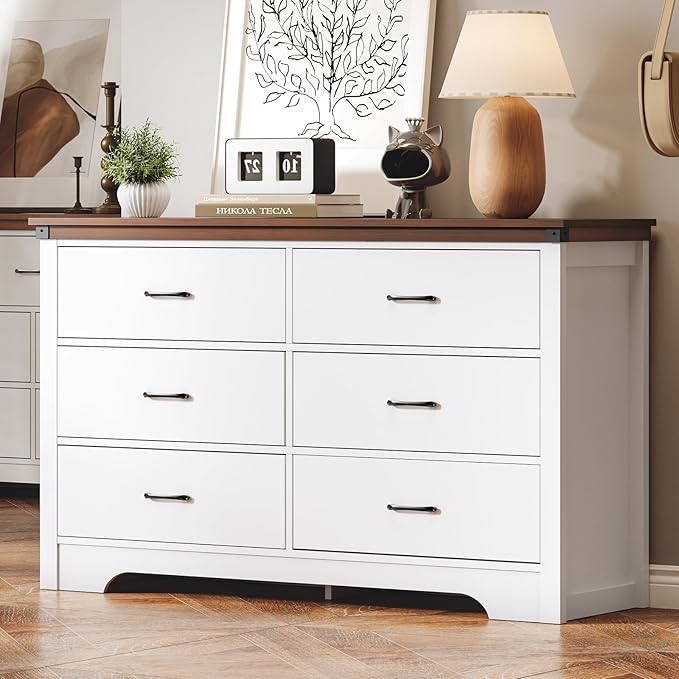 Farmhouse 6 drawer dresser for bedroom, 51" Wide chest of drawers, Wood white dresser with Metal Handle and Anti-Tipping Device, Storage Dressers Organizer for Bedroom, Living Room, Hallway, White