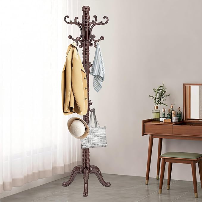 Wooden Coat Rack Stand, Vintage Wood Coat Rack Freestanding with Sturdy Triangle Base, Classic Coat Racks with 14 Hooks, Natural Birch Wood Coat Tree Hanger Stand for Entryway,Office