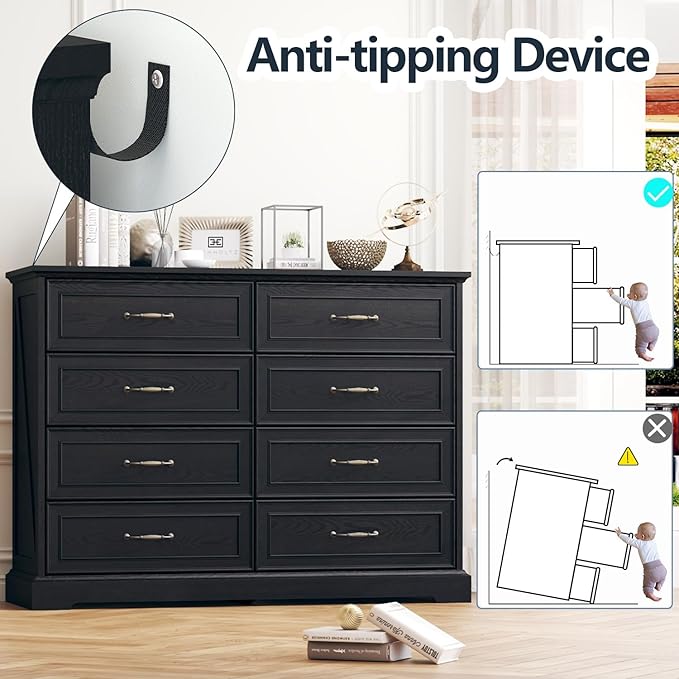 Dresser for Bedroom with 8 Drawer, Farmhouse Dresser for Closet,47'' Wide Rustic Wooden Chest of Drawers with Natural Wood Texture, Vintage Storage Organizer for Living Room, Hallway, Black