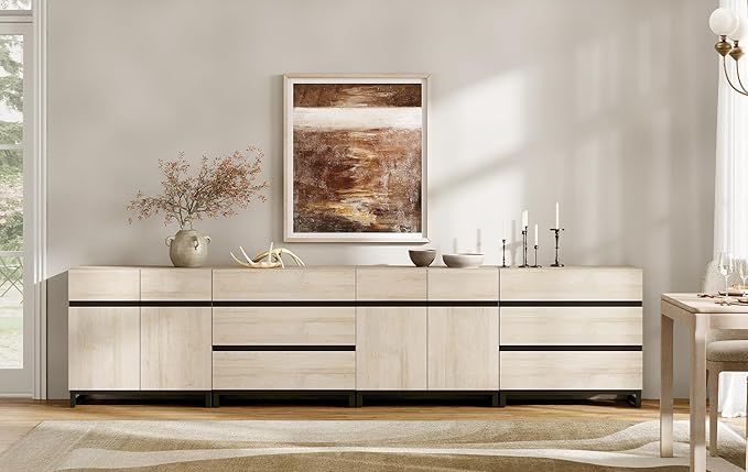 WAMPAT Modern TV Stand for TVs up to 120 Inches, 4-in-1 Media Console with Adjustable Shelves and 6 Drawers, TV Cabinet for Living Room or Bedroom, Light Oak