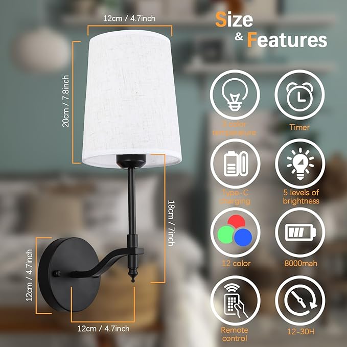 Battery Operated Wall Sconces Set of 2, Black Rechargeable Wall Lights with 15 RGB Dimmable Detachable Bulbs and Remote, Wireless Battery Powered LED Wall Lamp for Living Room Bedroom