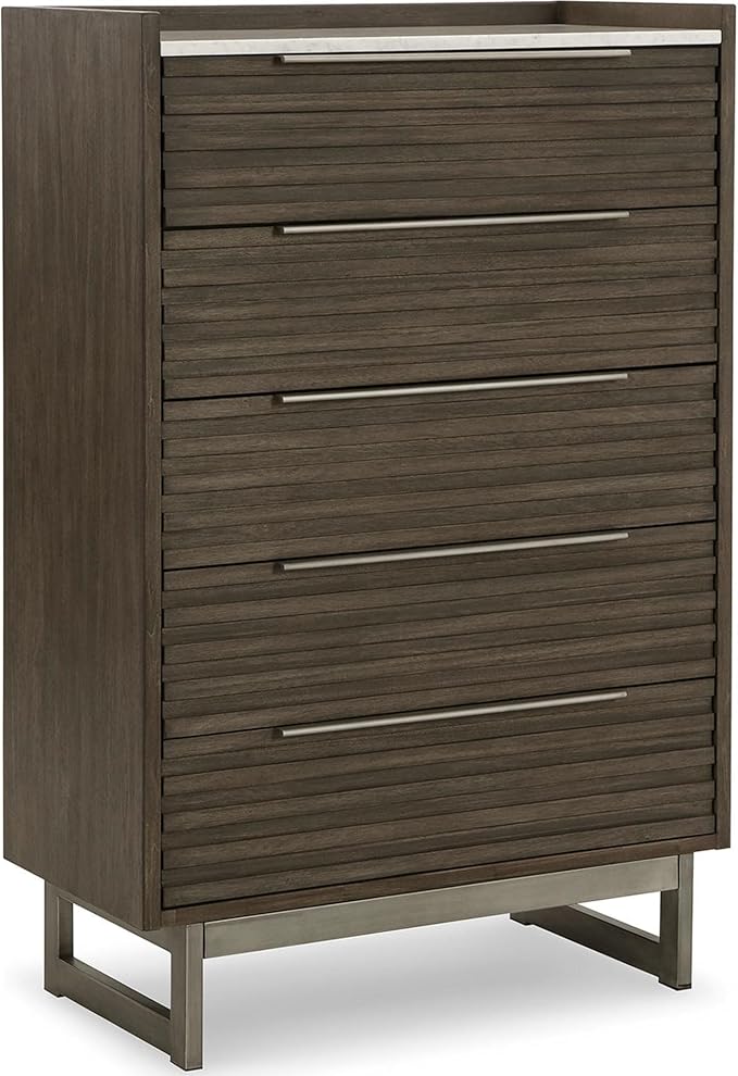 Signature Design by Ashley Arkenton Modern 5-Drawer Chest of Drawers with Safety Stop, Soft Close and Felt Lined, Gray & White