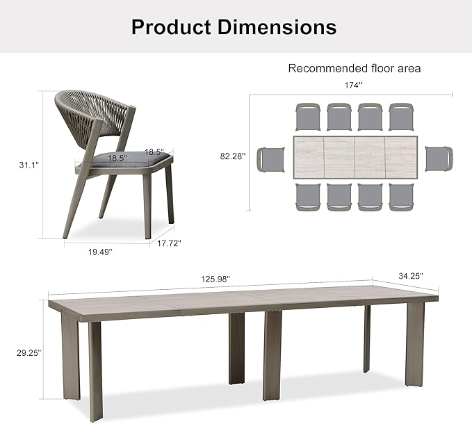 PURPLE LEAF 11-Piece Patio Dining Set Outdoor Furniture Rectangular Table and Chairs Set with Aluminum Frame and Wicker Rattan for Garden Deck Backyard Kitchen Gray Outdoor Set