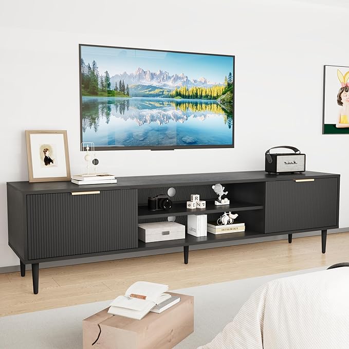 Black TV Stand, Modern TV Consoles for Living Room, 75 Inch TVs Fluted Panel Media Console, Entertainment Stand with 2 Storage Cabinets, Metal Handle and Adjustable Hinge, Office, Bedroom Furniture