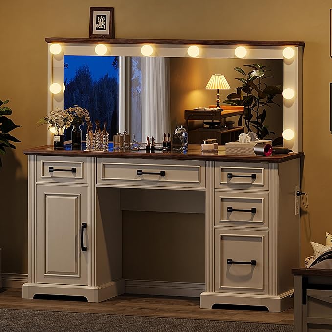 55'' Farmhouse Vanity Desk with Mirror and Lights, Large Makeup Table with Charging Station, Glass Tabletop & 5 Drawers, Rustic Dressing Table for Bedroom, Antique White