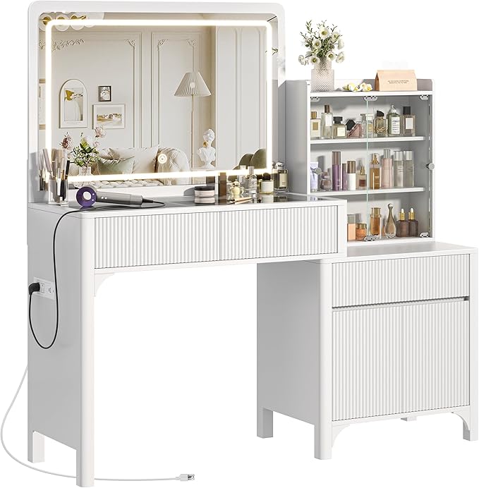 PRAISUN 55'' Large Makeup Vanity Desk with 35.4'' LED Mirror & Power Outlets, Painted Surface White Vanity with Glass Top, 3 Drawers and Cabinet, Fluted Big Dressing Vanity Table