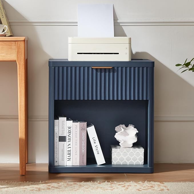 LEYAOYAO Fluted Nightstand with Charging Station, 23" Wide 1 Drawers Night Stand,Blue End Table with Open Storage,Farmhouse Bed Side Tables, Wood Dresser for Bedroom, Living Room, Closet