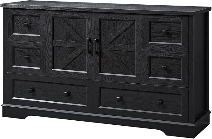 SOOWERY Dresser for Bedroom, Farmhouse Dresser with 6 Wooden Drawers and Storage Cabinet, 55 Inches Tall Chest of Drawers for Bedroom, Living Room, Hallway, Black