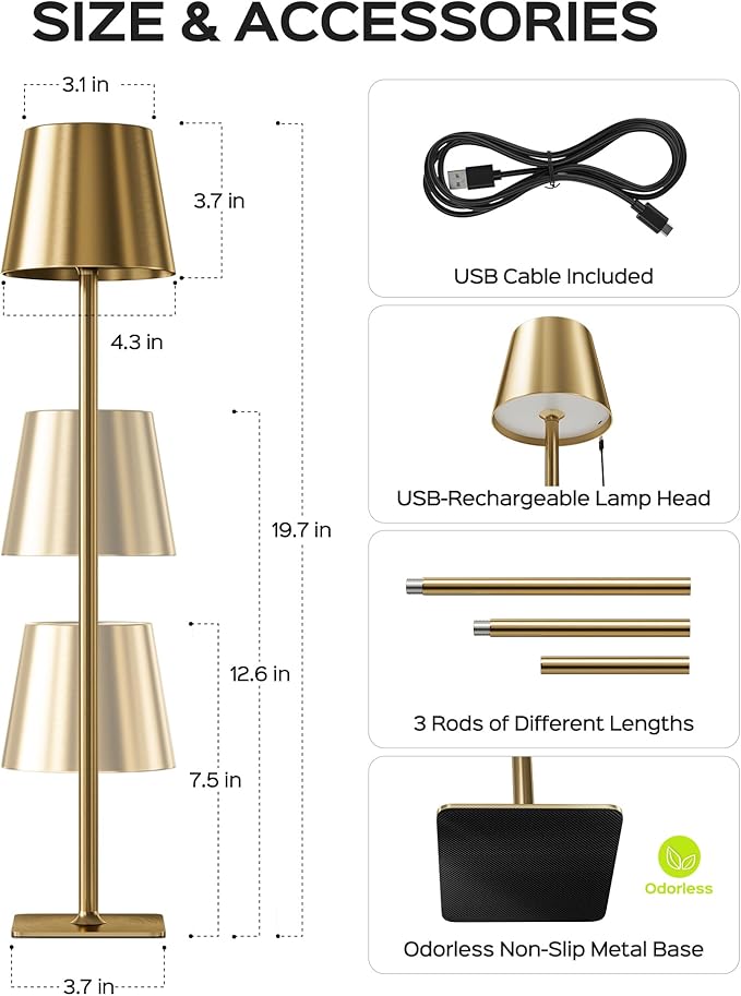 JACKYLED Cordless Lamp DIY Height, 3 Color Stepless Dimming, 5000mAh Battery Operated Lamp Portable Rechargeable for Bedroom Dinning Kitchen, Gold, 1 Pack