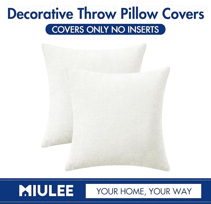 MIULEE Pack of 2 Couch Throw Pillow Covers 18x18 Inch Soft White Chenille Pillow Covers for Sofa Living Room Solid Dyed Pillow Cases