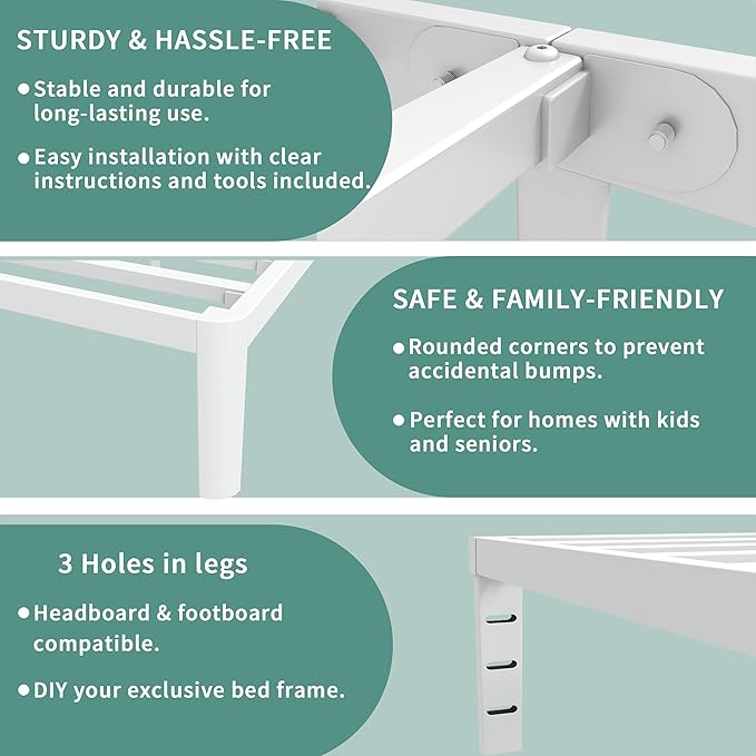 ITIMIDI 16 Inch White Twin Bed Frames No Box Spring Need, Metal Platform Bed Frame Twin Size, Heavy Duty Steel Support 3500 LBS, Noise Free, Easy Assembly