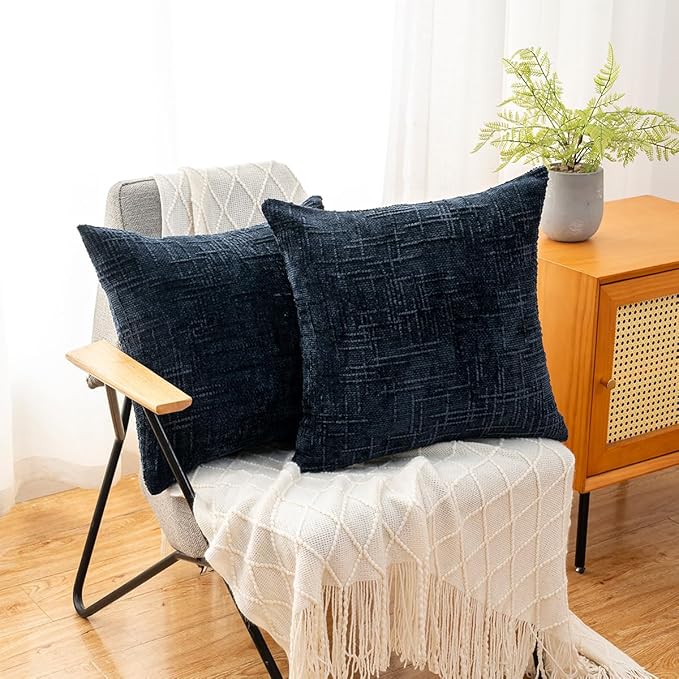 Decorative Throw Pillow Covers 16x16 Inch Set of 2, Soft Solid Farmhouse Chenille Couch Pillows, Spring Pillow Covers for Couch Sofa Bed Living Room Home Decor Pillowcase, Dark Blue