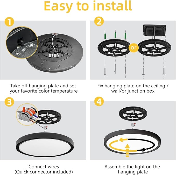 Led Flush Mount Ceiling Light,16 Inch 32w 3480lm,3000k/4000k/6000k 3CCT Selectable, Round Modern Flat Panel Super Slim Led Ceiling Light,for Living Dining Kitchen Bedroom Room (4Pack-Black)