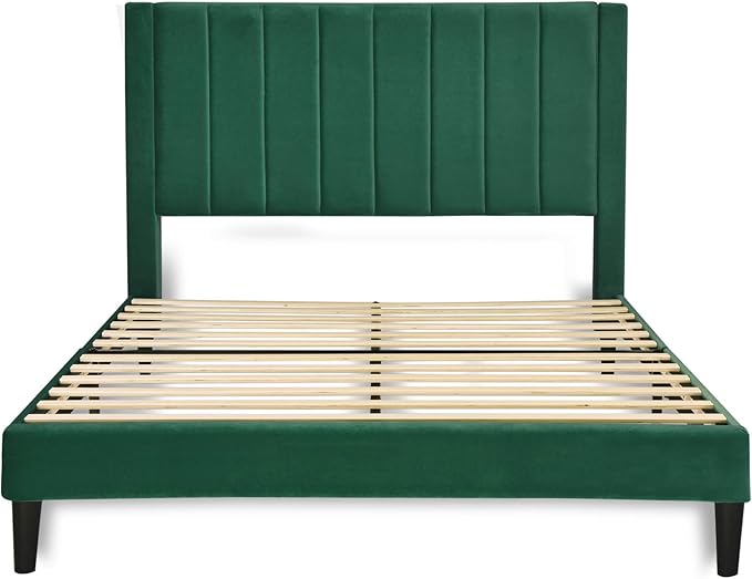 Allewie Full Bed Frame/Velvet Upholstered Bed Frame with Vertical Channel Tufted Headboard/Strong Wooden Slats/Platform Bed Frame/Mattress Foundation/Box Spring Optional/Easy Assembly/Green