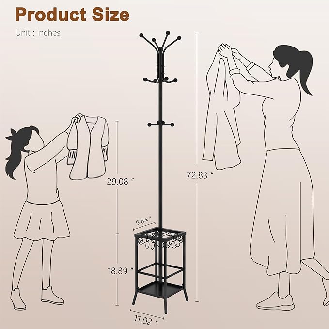 Hoctieon Coat Rack Freestanding, Coat Tree with Umbrella Holder, Metal Coat Rack Stand with 12 Hooks, Standing Coat Hanger Stand, Umbrella Stand for Entryway, Hat Rack Stand for Home Office, Black