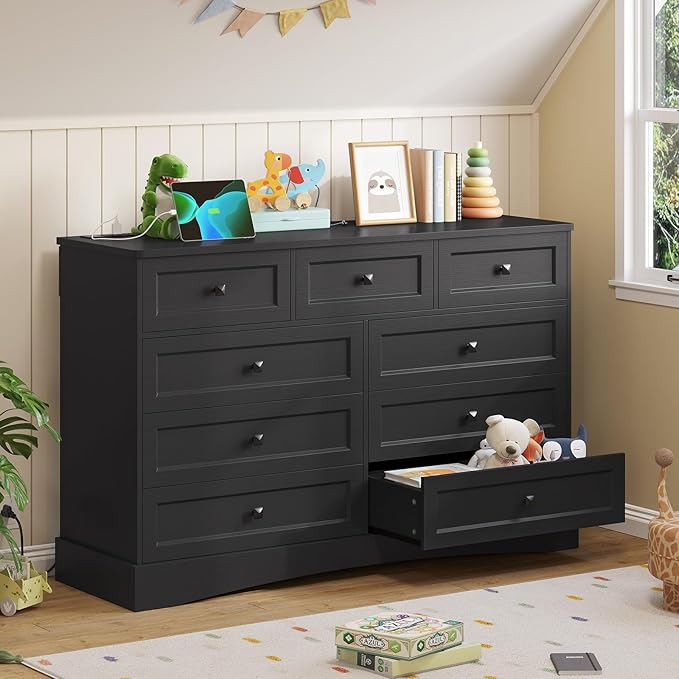 Hasuit Black Dresser for Bedroom with 9 Drawers, 51.2" Large Drawer Dresser with Charging Station, Wide Farmhouse Dresser Chest of Drawers, Wooden Storage Tower Organizer, Dresser for Bedroom Closet