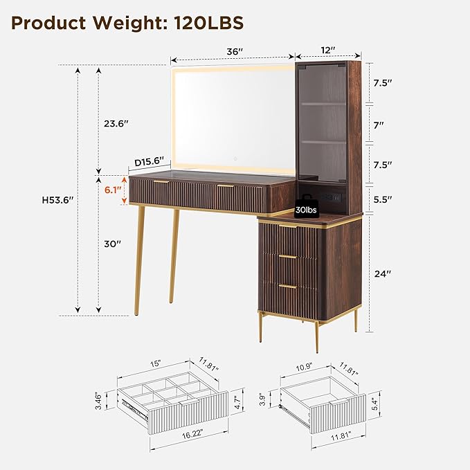 T4TREAM Fluted Makeup Vanity Desk with 36" HD Lighted Mirror, 48" Big Modern Vanity Desk with Mirror and Lights, Dressing Table with 5 Drawers & Shelves, Glass Top for Bedroom (Dark Walnut)