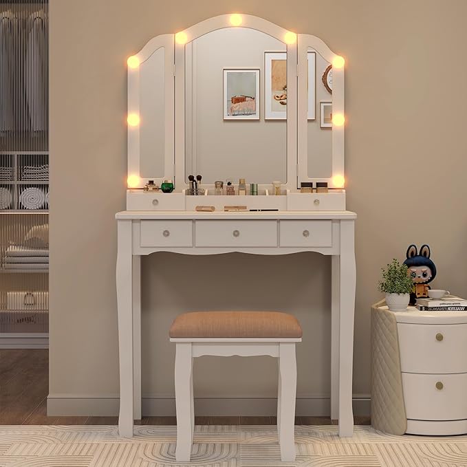 White Vanity Desk with Mirror and Lights Makeup Vanity Set Teen Vanity Mirror with Lights Desk and Chair Makeup Vanity Table Makeup Vanity with Drawers Tocadores