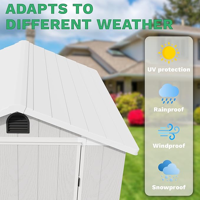 Greesum 4×4FT Plastic Outdoor Storage Shed with Floor, Resin Storaged Sheds with Lockable Door, Window & Vent, All-Weather Tool Sheds for Garden, Backyard, Patio, Light Gray (One-Piece Panel)