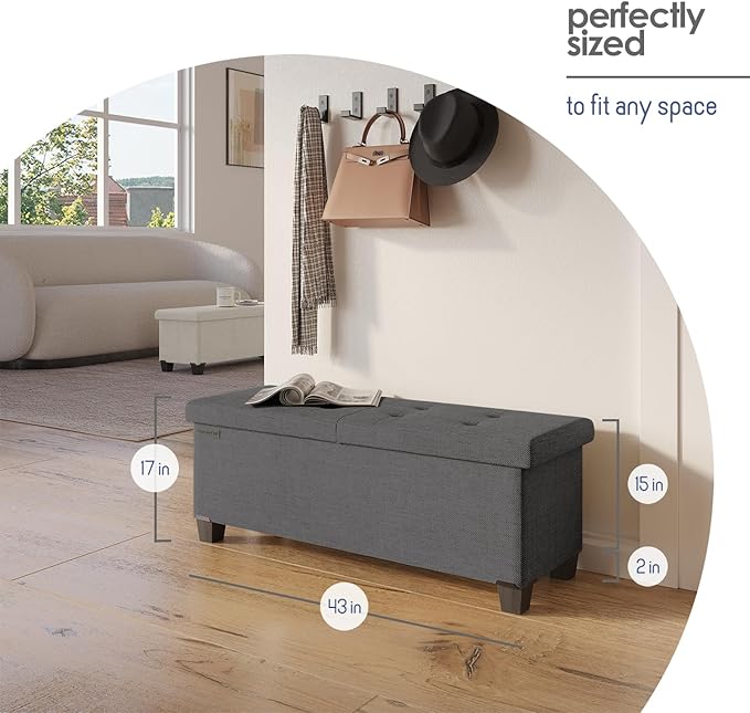 STORAGEBUD Storage Ottoman Bench with Bins, 43-in Storage Bench for Bedroom End of Bed, Folding Foot Rest Ottoman for Living Room Max 660lbs, Fabric Ottomans, Grey