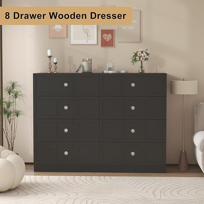 8 Drawer Dresser for Bedroom: 47" Fluted Black Dresser Deep Drawers, Modern Chest of Drawers for Bedroom, Fluted Wood Dressers for Living Room, Hallway