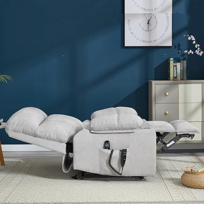 Dual Motor Power Lift Chairs for Elderly, Electric Lay Flat Recliner Chair with Vibration Massage Heat, Extra Wide Recliner Chair for Living Room with Cup Holders, Chenille Fabric - Beige