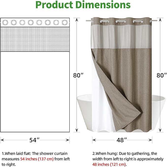 Stall No Hooks Needed Linen Textured Shower Curtain with Snap-in Fabric Liner Set,Hotel Luxury Decor Farmhouse Shower Curtains for Bathroom,Waterproof & Washable,54Wx80H,Khaki/Tan
