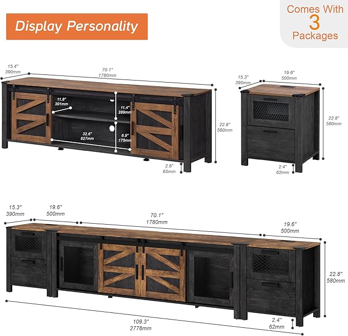 WAMPAT TV Stand Set for 85 inch TV with Charging Station, 3 in 1 Wood Entertainment Center TV Console Table for Living Room, Antique Black