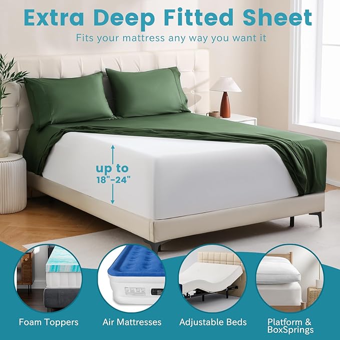 Bedlifes Queen Sheet Set, Extra Deep Pocket 18-24 Inches,1000Thread Count 100% Egyptian Cotton, Soft and Breathable Sateen 4-Piece,Forest Green