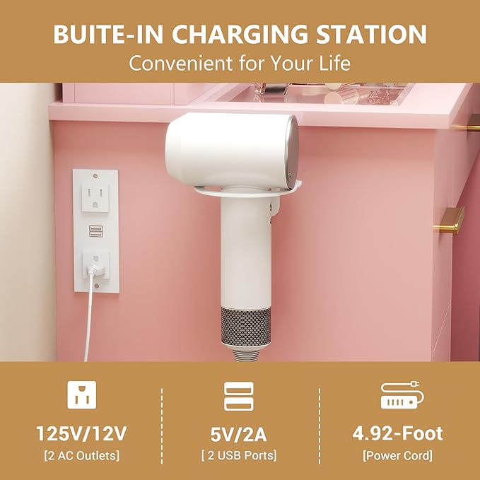 Makeup Vanity Desk with Mirror and Lights, Glass Top Vanity with 38" Lighted Mirror & Charging Station, Large Vanity Mirror with Lights Desk and Chair for Girls 3 Lightings Mode Adjusted, Pink