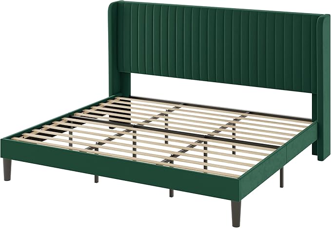 Allewie King Size Bed Frame/Velvet Upholstered Platform Bed/Vertical Channel Tufted Wingback Headboard/Strong Wooden Slats/No Box Spring Needed/Easy Assembly/Green