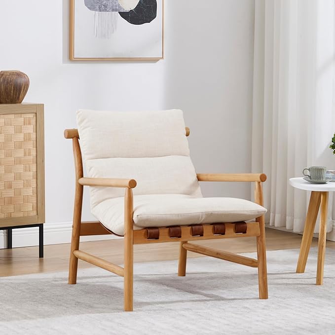 Mid-Century Modern Accent Chair Set of 2 - Solid Wood Lounge Chair with Removable Chenille Cushion, Low Back Reading Chair for Living Room/Bedroom/Balcony, Beige Sofa Chair (Easy Assembly)