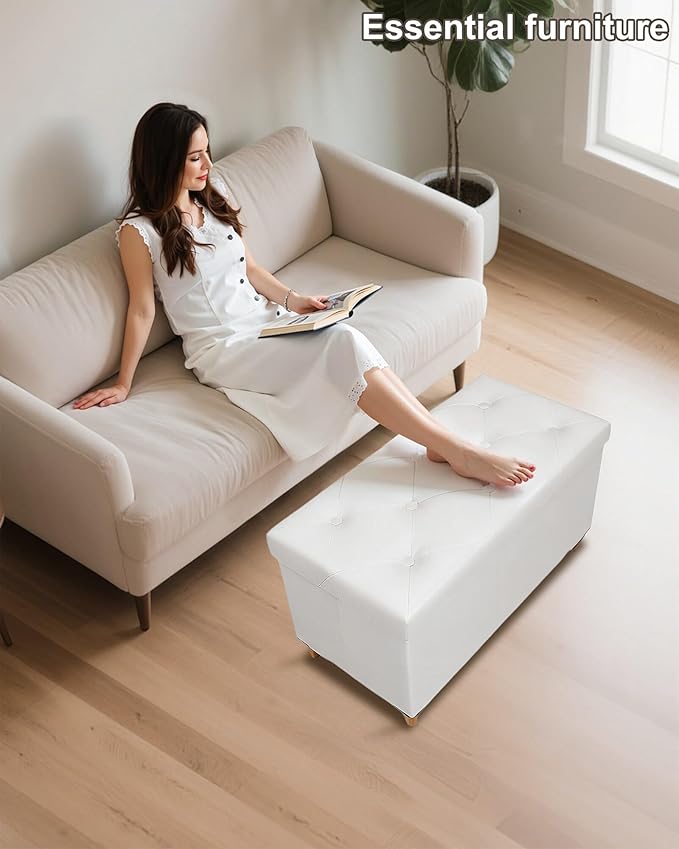 GLAXYFUR 30 Inches Storage Ottoman Bench with Wooden Legs, Faux Leather Folding Ottoman Foot Rest, Storage Bench for Living Room, Hallway & Bedroom, Upgrade Large Capacity (Engineered Wood, White)