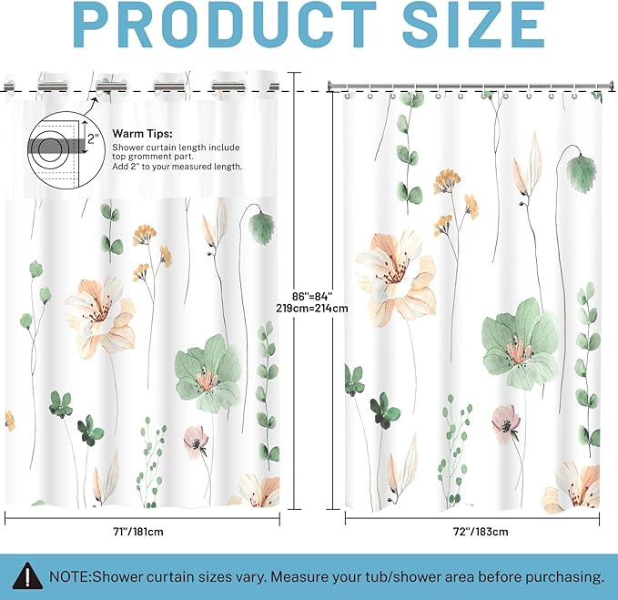 No Hook Shower Curtain with Snap in Liner - Floral Shower Curtain - Fabric Waterproof Inner Liner, Plants Watercolor Sage Green Modern Cloth Shower Curtains - Machine Washable, 71 x 86