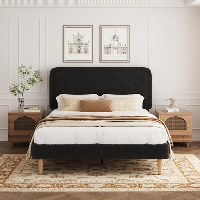 Queen Size Boucle Platform Bed Frame, Anti-Collision Soft Rounded Corners, Adjustable Headboard, No Box Spring Needed, Easy Assembly, Noise Free, Dark Grey