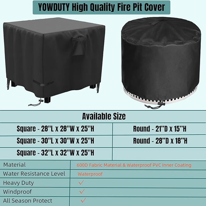YOWDUTY Propane Fire Pit Cover Square 28 Inch, Waterproof Heavy Duty 600D Gas Fire Pit Table Cover 28x28x25 Inch, Fit 26-28 Inch Firepit Table, All-weather Protection For Patio Fire Table