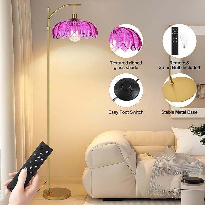 Vintage Floor Lamps for Living Room Arc Floor Lamp with Remote Control & Glass Lampshade,Mid Century Modern Standing Lamp Gold Tall Flower Lamp for Bedroom Living Room Corner