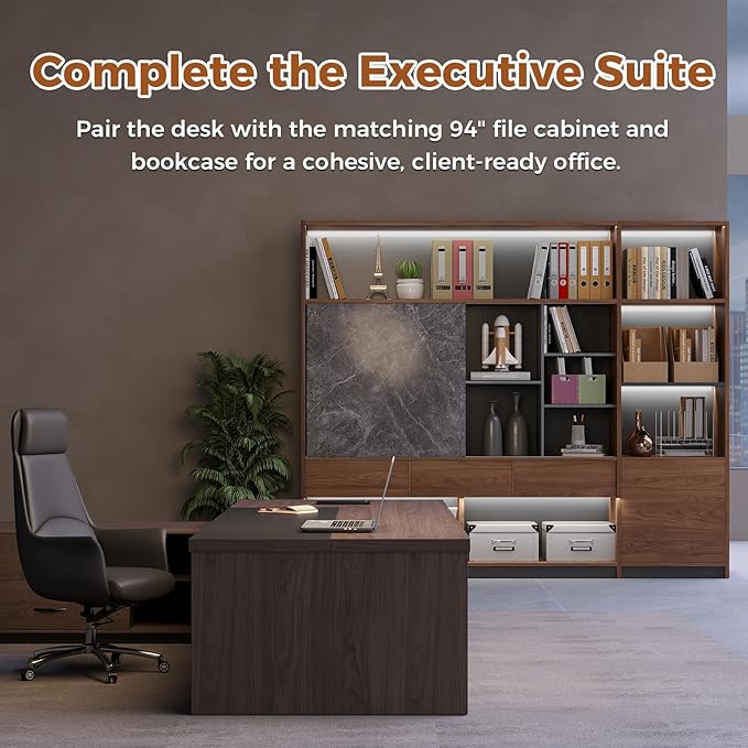 L-Shaped Executive Desk with LED Lights, Lockable Storage & 3-in-1 Charging Station, Reversible Cabinet, Modern Wood Office Desk for CEO, Manager & Home Office(Red Walnut+Black, 71"L*63"W*30"H)