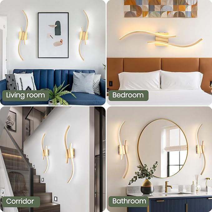 Battery Operated Wall Sconces with Remote Control, Rechargeable Dimmable Touch Wall Sconces Set of Two, 3000K-6500K LED Wireless Wall Light for Living Room Bedroom Hallway,31.5inch(Gold)