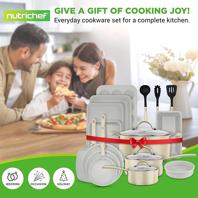 NutriChef 20-Piece Non-Stick Bakeware and Cookware Set - Utensils Including Pots and Baking Pans Made with Durable Aluminum, Tempered Glass Lids, Heat-Resistant Utensils, Easy-Clean Design (White)