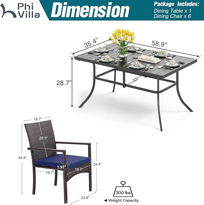 PHI VILLA 7 Piece Outdoor Dining Set for 6, 59” Rectangular Metal Steel Dining Table with Umbrella Hole & Cushioned Rattan Wicker Chairs for Patio, Deck, Yard, Porch