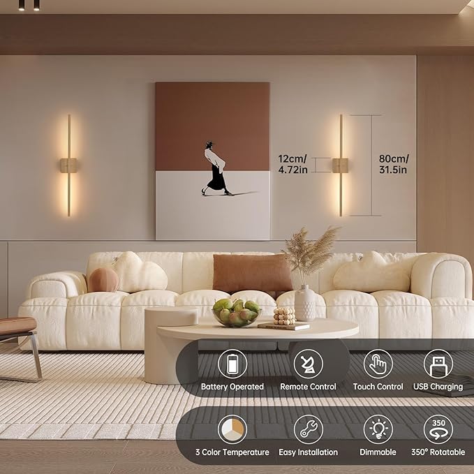 Battery Operated Wall Sconce Set of 2, 10400mAh Rechargeable Wall Sconces, 3000K-6000K Dimmable, 350°Rotate, Indoor Wall Lights for Bedroom Living Room, Original Wood, 31.5 Inch