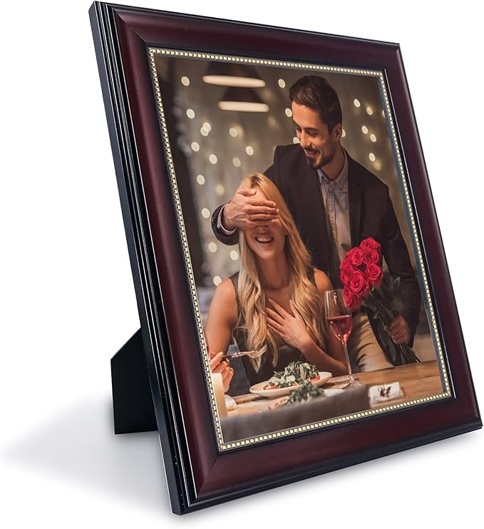 GraduatePro 8x10 Picture Frame for Tabletop Display and Wall Mounting Wooden 2 Pieces Mahogany with Gold Beaded Collage Brown